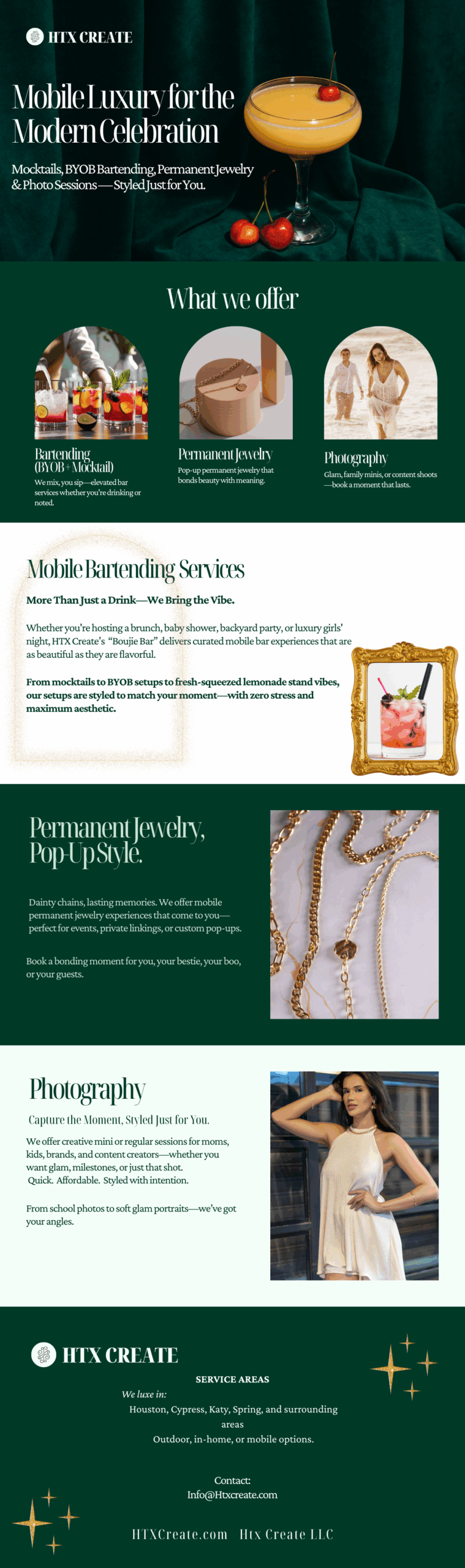 HTX Create team providing mobile bartending, permanent jewelry, and photography services at a lively indoor event with guests enjoying drinks and custom experiences